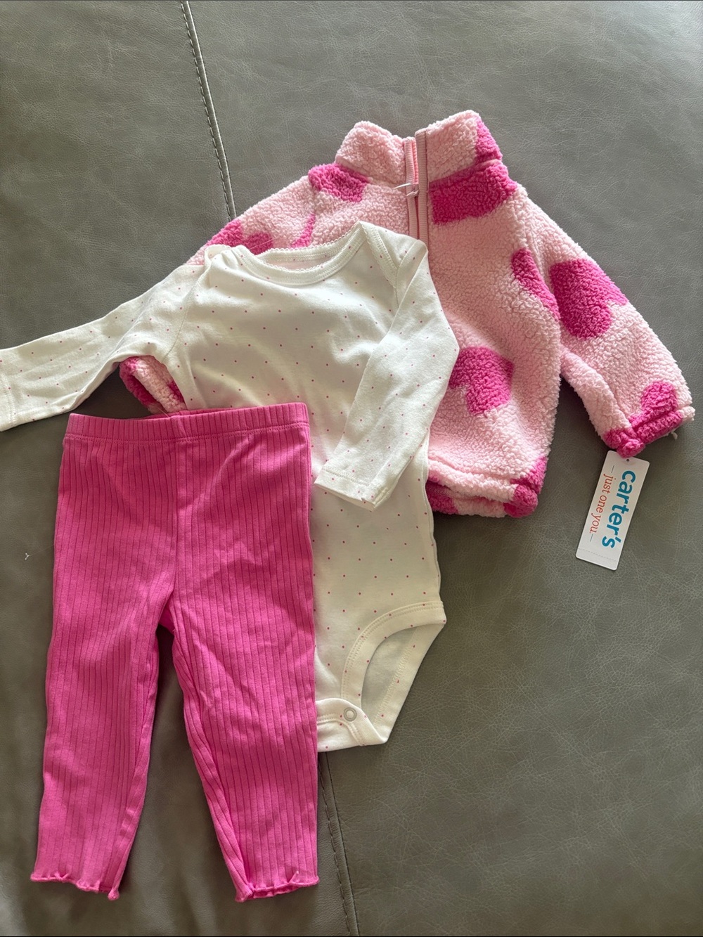 Carter's Pink Polka Sherpa Jacket + Pink Leggings & White Onesie Set
